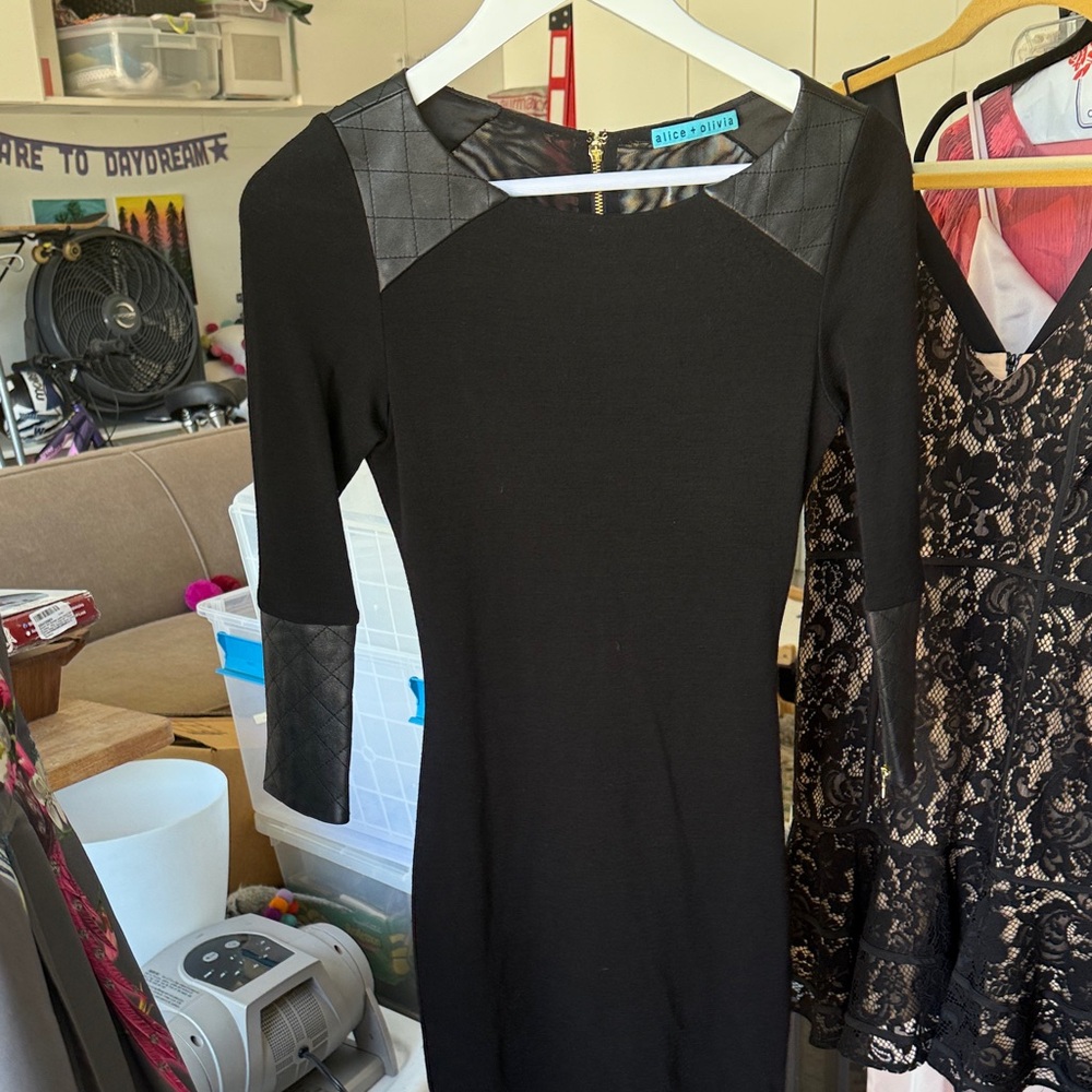 Alice + Olivia Black Long Sleeve Dress with Quilted Accents